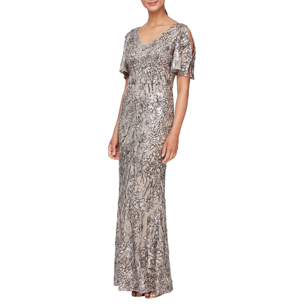 Alex Evenings Sequin Cold-Shoulder Gown in Mink — Size 14, NWT! MSRP $259